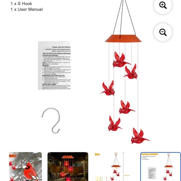 Bundle of 2 Solar Cardinal Red Bird Wind Chime Lights, LED - Picture 5 of 6